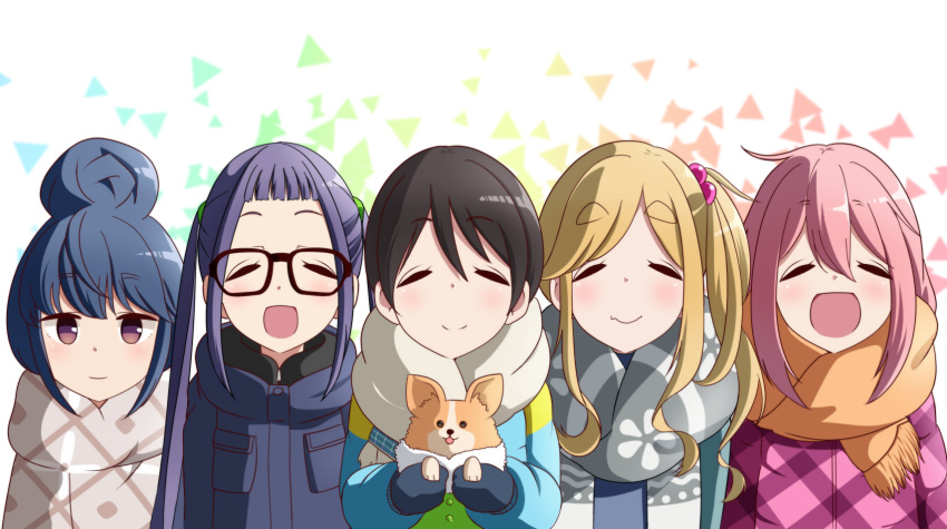 5girls, ^_^, blue_hair, blush, chikuwa_(yurucamp), closed_eyes, eyebrows_visible_through_hair, fang, glasses, gloves, hair_between_eyes, hair_bobbles, hair_bun, hair_ornament, highres, inuyama_aoi, jacket, kagamihara_nadeshiko, long_hair, looking_at_viewer, multiple_girls, oogaki_chiaki, open_mouth, pink_hair, saitou_ena, scarf, shigoto_manblue, shima_rin, short_hair, side_ponytail, smile, thick_eyebrows, twintails, yurucamp