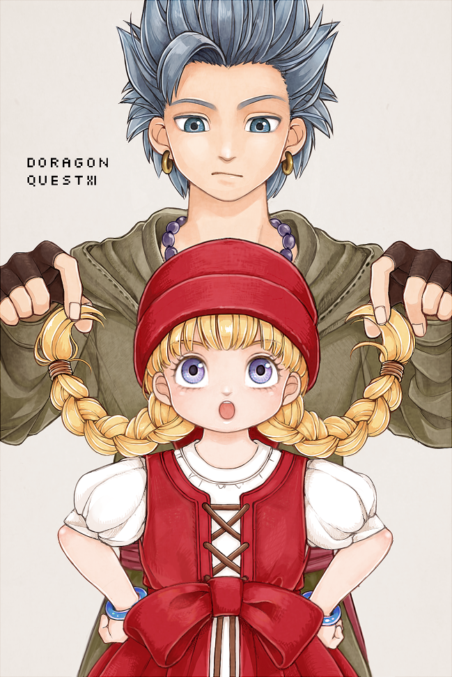 1boy, 1girl, blonde_hair, blue_eyes, blue_hair, bracelet, braid, camus_(dq11)