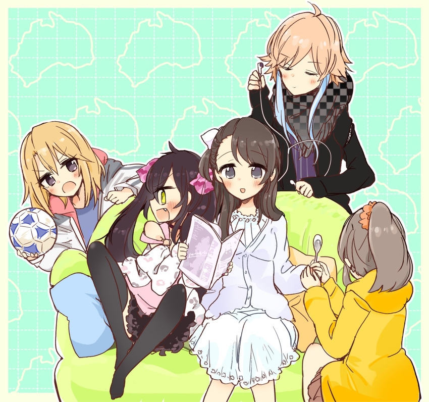 5girls, :d, australia, ball, black_eyes, black_hair, brown_hair, cabocha8, chair, commentary, cushion, earphones, earphones, hair_extensions, highres, hood, hooded_jacket, hori_yuuko, idolmaster, idolmaster_cinderella_girls, jacket, kurihara_nene, long_hair, matoba_risa, multiple_girls, ninomiya_asuka, open_mouth, orange_hair, skirt, smile, soccer_ball, spoon, thigh-highs, twintails, yellow_eyes, yellow_jacket, yuuki_haru