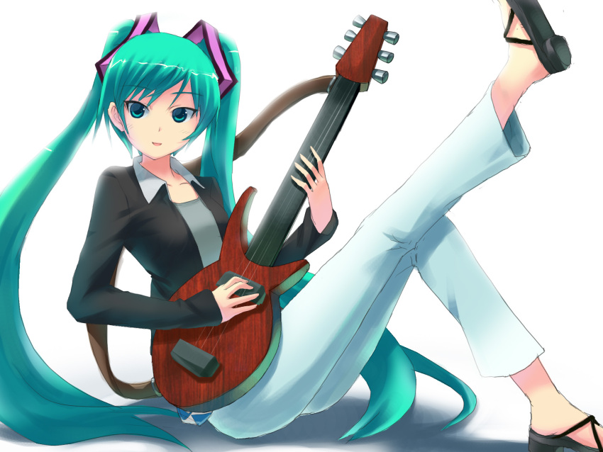 aqua_hair, capri_pants, capris, guitar, hair_ribbon, hatsune_miku, highres, instrument