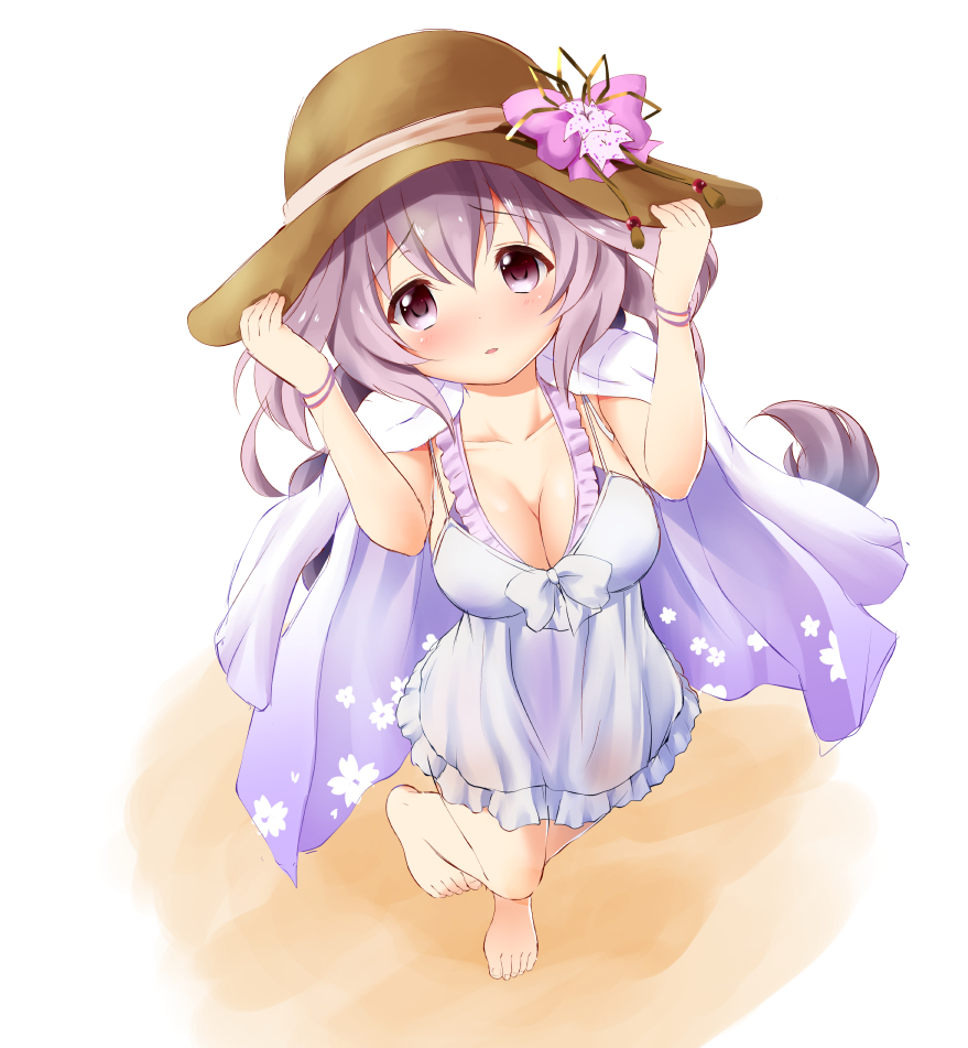 1girl, bare_legs, barefoot, bow, breasts, brown_hat, chisato_(missing_park), cleavage