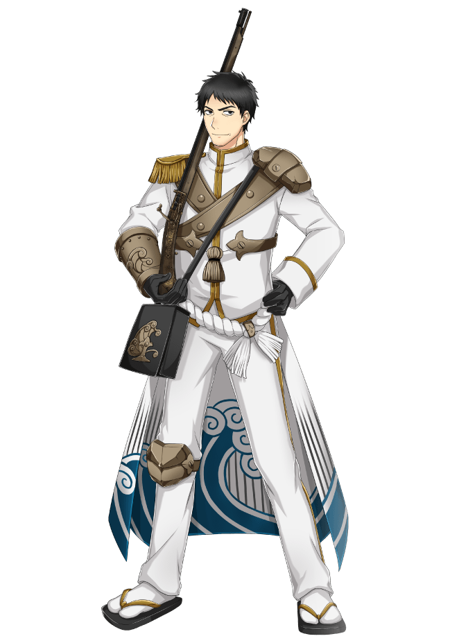 1boy, antique_firearm, armor, black_eyes, black_gloves, black_hair, epaulettes, firearm, firelock, full_body, gauntlets, gloves, gun, hand_on_hip, holding, holding_gun, holding_weapon, kinbee_(senjuushi), kinoshita_sakura, knee_pads, male_focus, matchlock, musket, official_art, sandals, senjuushi:_the_thousand_noble_musketeers, shoulder_armor, single_gauntlet, solo, tabi, tachi-e, transparent_background, weapon