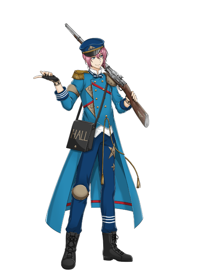 1boy, aiguillette, antique_firearm, armor, bangs, black_footwear, black_gloves, blue_eyes, boots, bow, bowtie, buttons, coat, combat_boots, cross-laced_footwear, double-breasted, epaulettes, fingerless_gloves, firearm, firelock, flintlock, full_body, gloves, gun, hall_(senjuushi), hat, holding, holding_gun, holding_weapon, kinoshita_sakura, knee_pads, male_focus, official_art, over_shoulder, pink_hair, rifle, senjuushi:_the_thousand_noble_musketeers, shoulder_armor, solo, tachi-e, transparent_background, weapon, weapon_over_shoulder