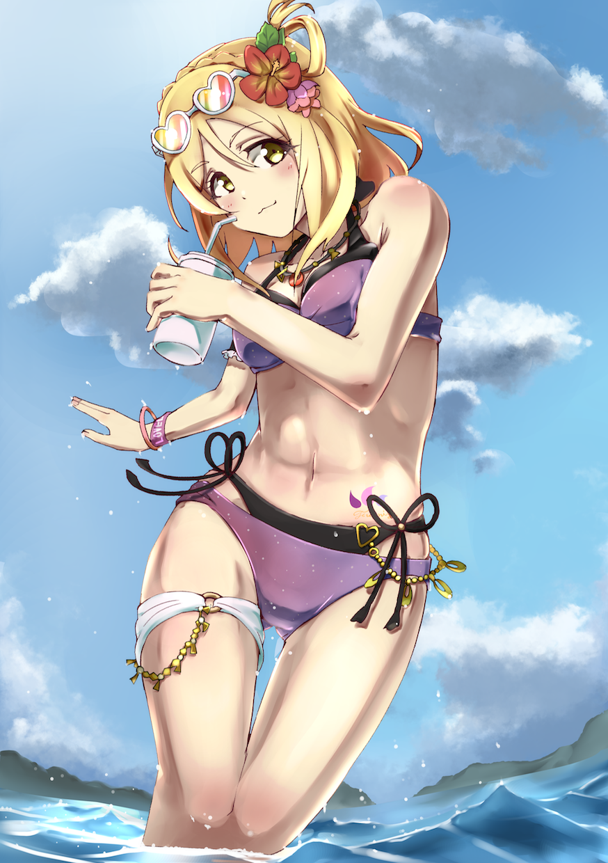 1girl, ajapar, bikini, black_bikini, blonde_hair, blue_sky, bracelet, braid, clouds, cowboy_shot, crown_braid, eyewear_on_head, flower, hair_flower, hair_ornament, heart, heart-shaped_eyewear, highres, jewelry, love_live!, love_live!_sunshine!!, ohara_mari, outdoors, purple_bikini, side-tie_bikini, sky, solo, standing, straw, sunglasses, swimsuit, thigh_gap, tumbler, water, yellow_eyes