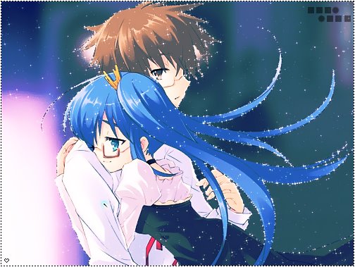 blue_eyes, blue_hair, brown_hair, dress, drops, glasses, hug, long_hair