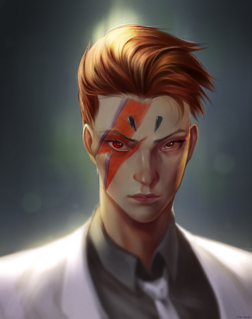 1girl, backlighting, black_shirt, blue_eyes, cosplay, david_bowie, facepaint, formal