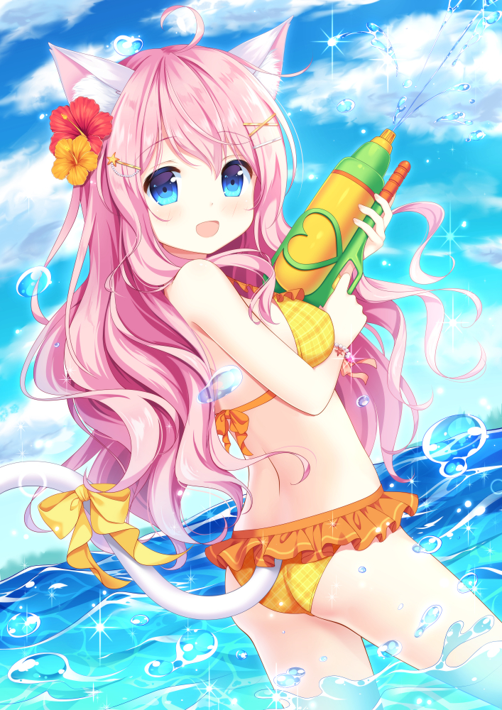 1girl, :d, ahoge, animal_ears, ass, bangs, bare_shoulders, bikini
