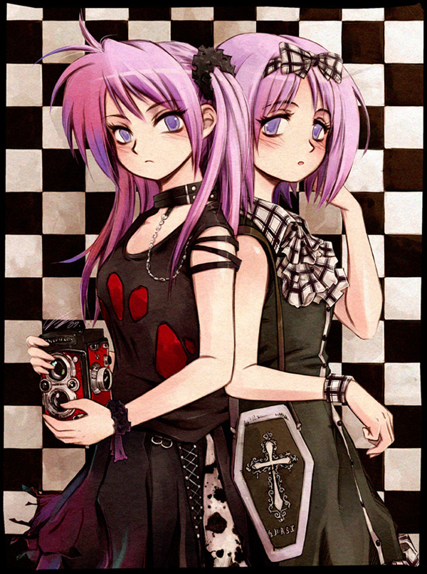 back-to-back, bag, bare_shoulders, blush, bow, camera, chain, chains, checkered, choker, coffin, collarbone, cross, dress, flat_chest, frown, gothic_lolita, hair_bow, hiiragi_kagami, hiiragi_tsukasa, lolita_fashion, lucky_star, messiah, messiah_cage, multiple_girls, mystic_cage, purple_eyes, purple_hair, purse, short_hair, siblings, sisters, standing, tareme, torn_clothes, tsurime, twin-lens_reflex_camera, twins, twintails, violet_eyes
