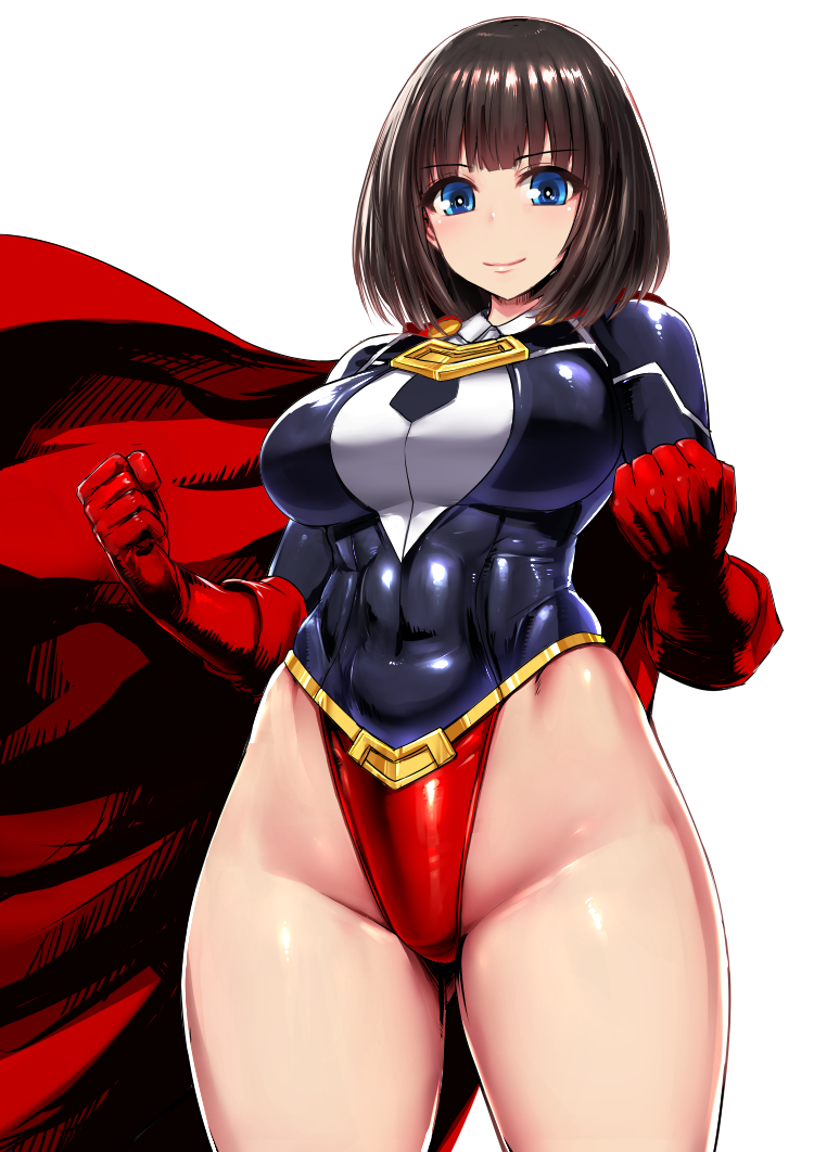 1girl, black_hair, blue_eyes, breasts, covered_navel, cowboy_shot, gloves, groin