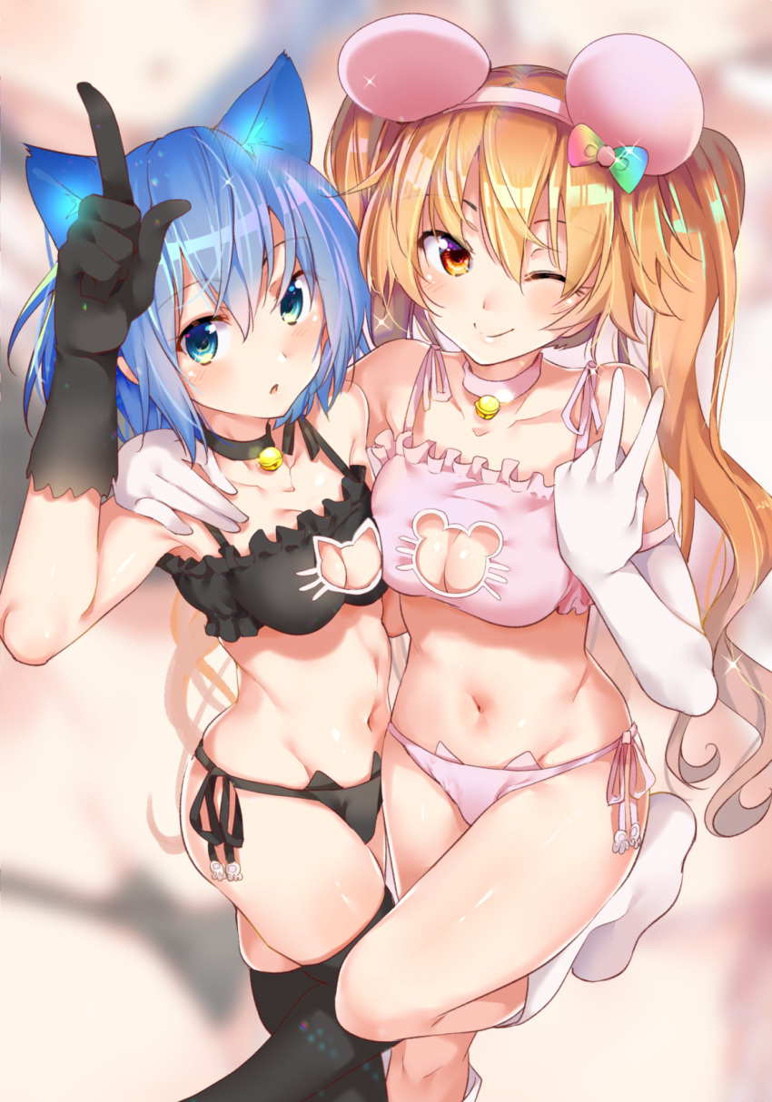 1girl, 2girls, :o, ;), animal_ears, ansatsuken_wa_cheat_ni_fukumaremasu_ka?_kanojo_to_mezasu_saikyou_gamer, bangs, bare_shoulders
