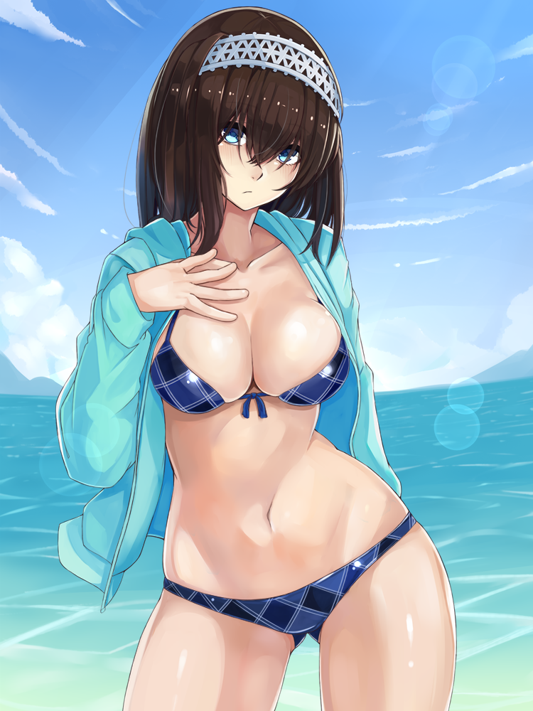 1girl, bangs, bikini, black_hair, blue_eyes, blue_sky, blush, breasts, checkered, checkered_bikini, cleavage, clouds, collarbone, commentary_request, expressionless, graphite_(medium), hairband, hand_on_own_chest, idolmaster, idolmaster_cinderella_girls, jacket, large_breasts, lens_flare, looking_at_viewer, naga1047, navel, ocean, sagisawa_fumika, sky, swimsuit, traditional_media