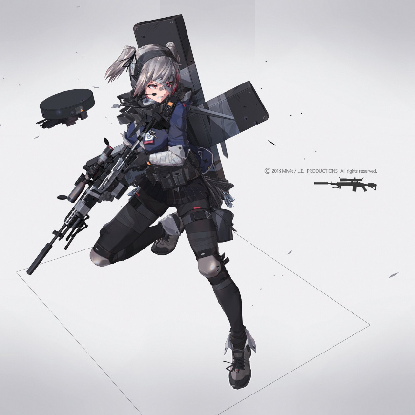 1girl, bag, bandages_on_face, bandaid, bandaid_on_nose, boots, dog_tags, drone