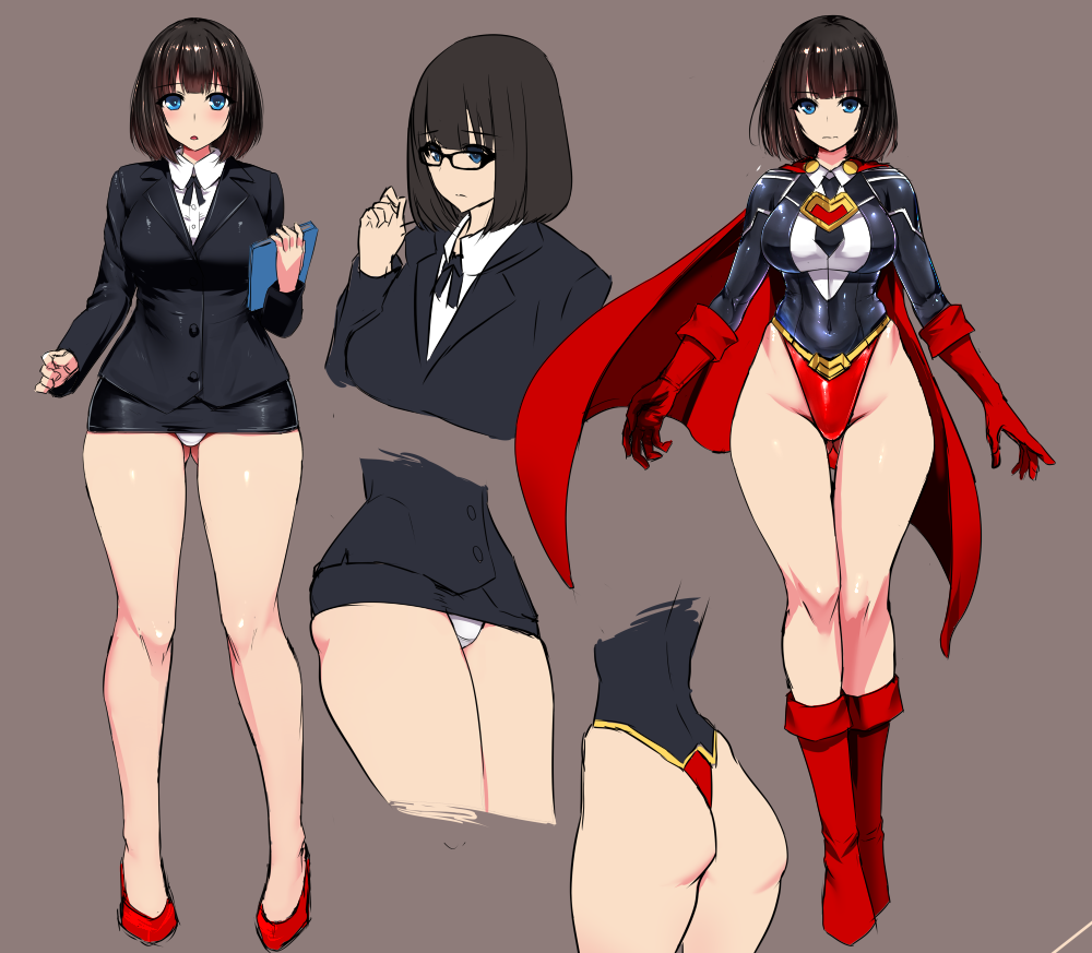 1girl, ass, black_hair, blue_eyes, blush, breasts, character_sheet, covered_navel