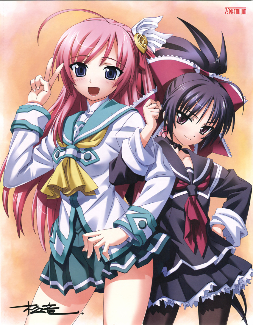 absurdres, ahoge, arm_holding, black_legwear, blue_eyes, hair_ornament, hair_ribbon, hair_ribbons, highres, kurokawa_kirara, long_hair, matsuryu, matsuryuu, midorishita_yumina, multiple_girls, pantyhose, pink_hair, ponytail, purple_eyes, purple_hair, ribbon, ribbons, school_uniform, tenkuu_no_yumina, v, very_long_hair, violet_eyes