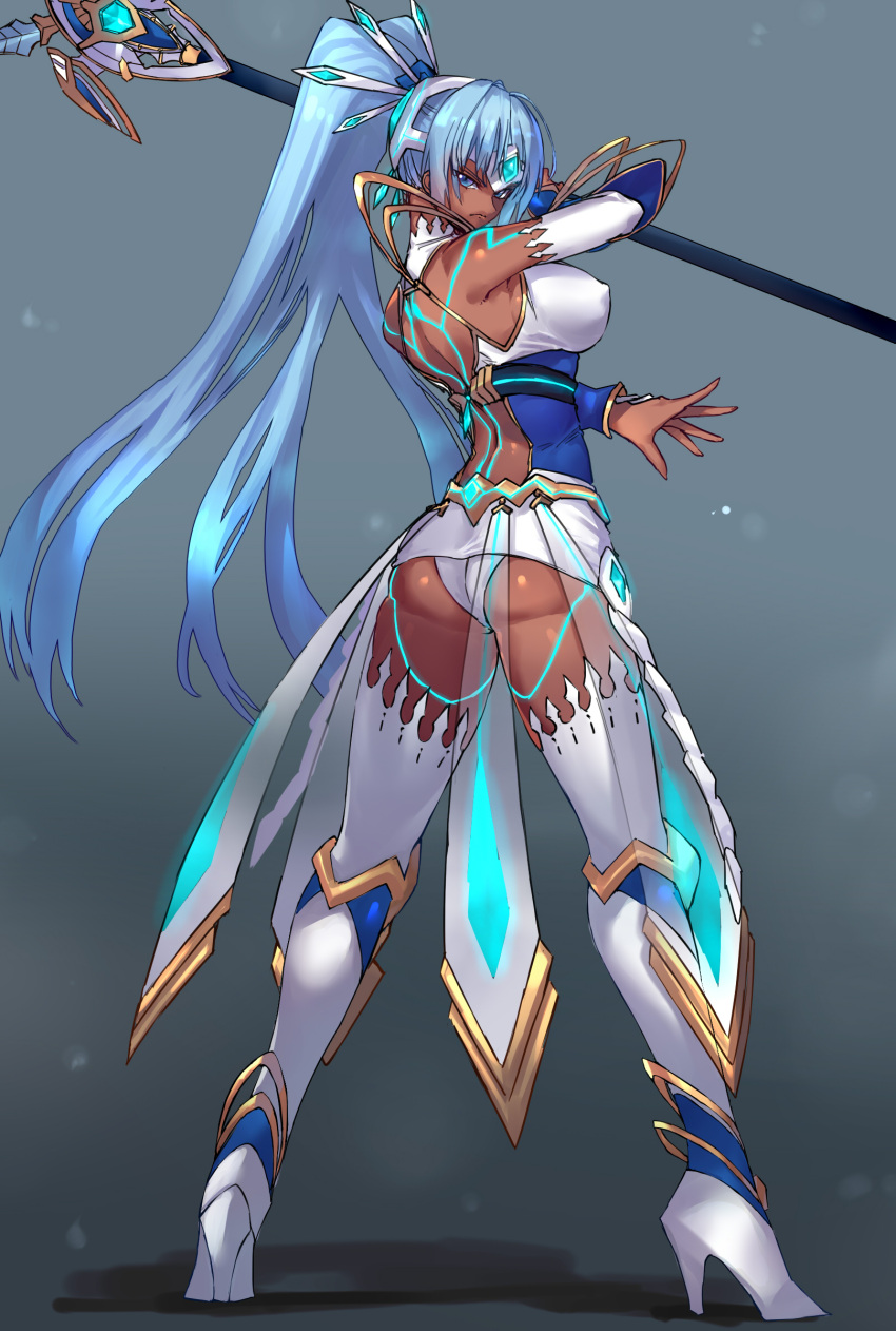 1girl, absurdres, arched_back, armor, ass, bare_shoulders, blue_background, blue_eyes, blue_hair, breasts, closed_mouth, commentary, dark_skin, detached_sleeves, erect_nipples, from_behind, full_body, glowing, headgear, high_heels, highres, large_breasts, long_hair, looking_at_viewer, looking_back, negresco, polearm, ponytail, shiny, shiny_hair, shiny_skin, simple_background, solo, spear, standing, thigh-highs, tokiha_(xenoblade), weapon, white_legwear, xenoblade, xenoblade_2