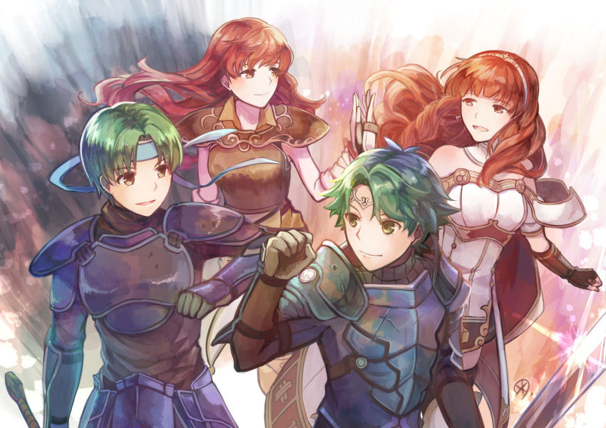 2boys, 2girls, alm_(fire_emblem), armor, breastplate, cape, celica_(fire_emblem), commentary_request