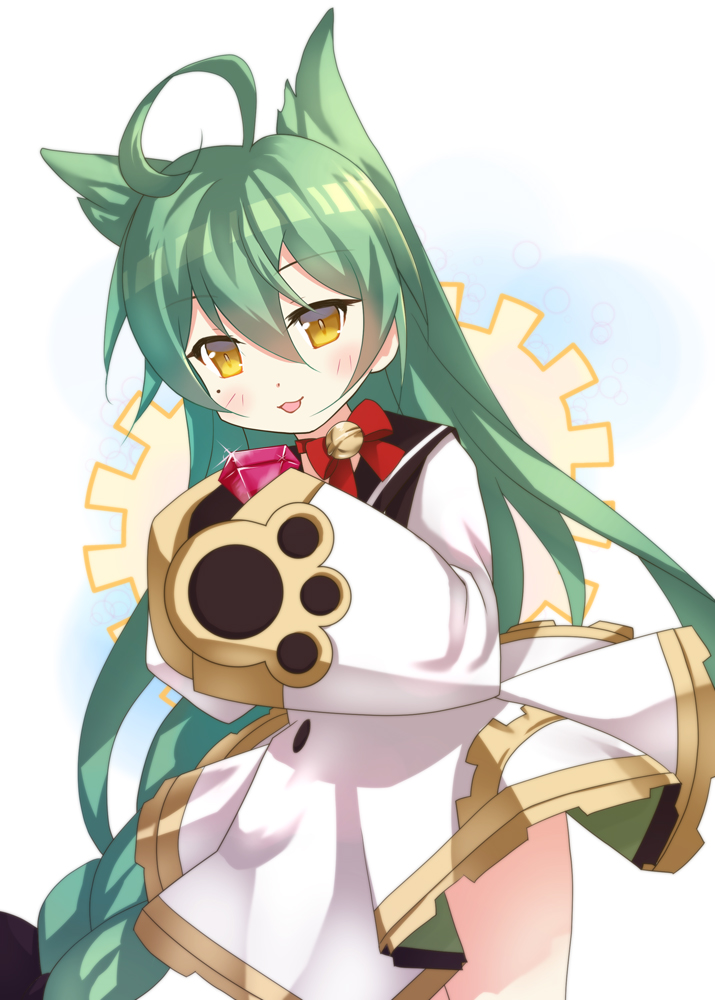 1girl, :d, ahoge, akashi_(azur_lane), animal_ears, azur_lane, bangs, black_bow, blush, bow, braid, cat_day, cat_ears, commentary_request, dress, eyebrows_visible_through_hair, green_hair, hair_between_eyes, hair_bow, holding, hyuguu_(hyugu-rubara), long_hair, long_sleeves, open_mouth, ruby_(stone), sailor_dress, sleeves_past_fingers, sleeves_past_wrists, smile, solo, very_long_hair, white_dress, wide_sleeves, yellow_eyes