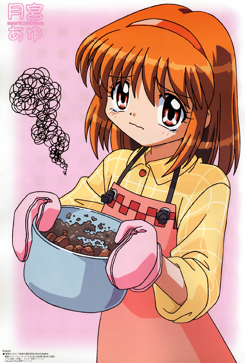 cooking, food, gloves, hairband, kanon, key_(company), oonishi_youichi, orange_hair, oven_mittens, oven_mitts, red_eyes, sad, sleeves_rolled_up, tears, tsukimiya_ayu