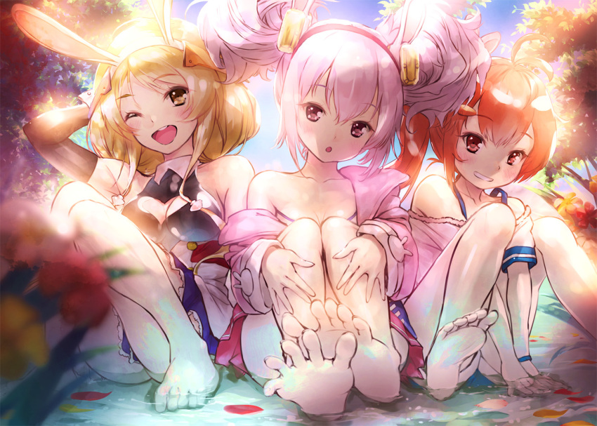 3girls, :o, ;d, animal_ears, antenna_hair, arm_support, arm_up, arm_warmers