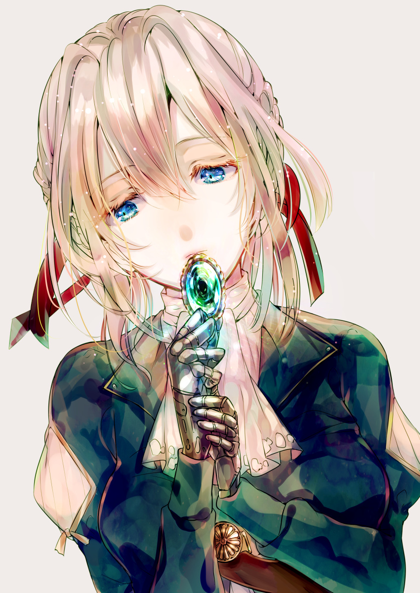 1girl, absurdres, blonde_hair, blue_eyes, braid, g3m, highres, long_hair, looking_at_viewer, mechanical_hands, solo, upper_body, violet_evergarden, violet_evergarden_(character), white_neckwear, yamada_73