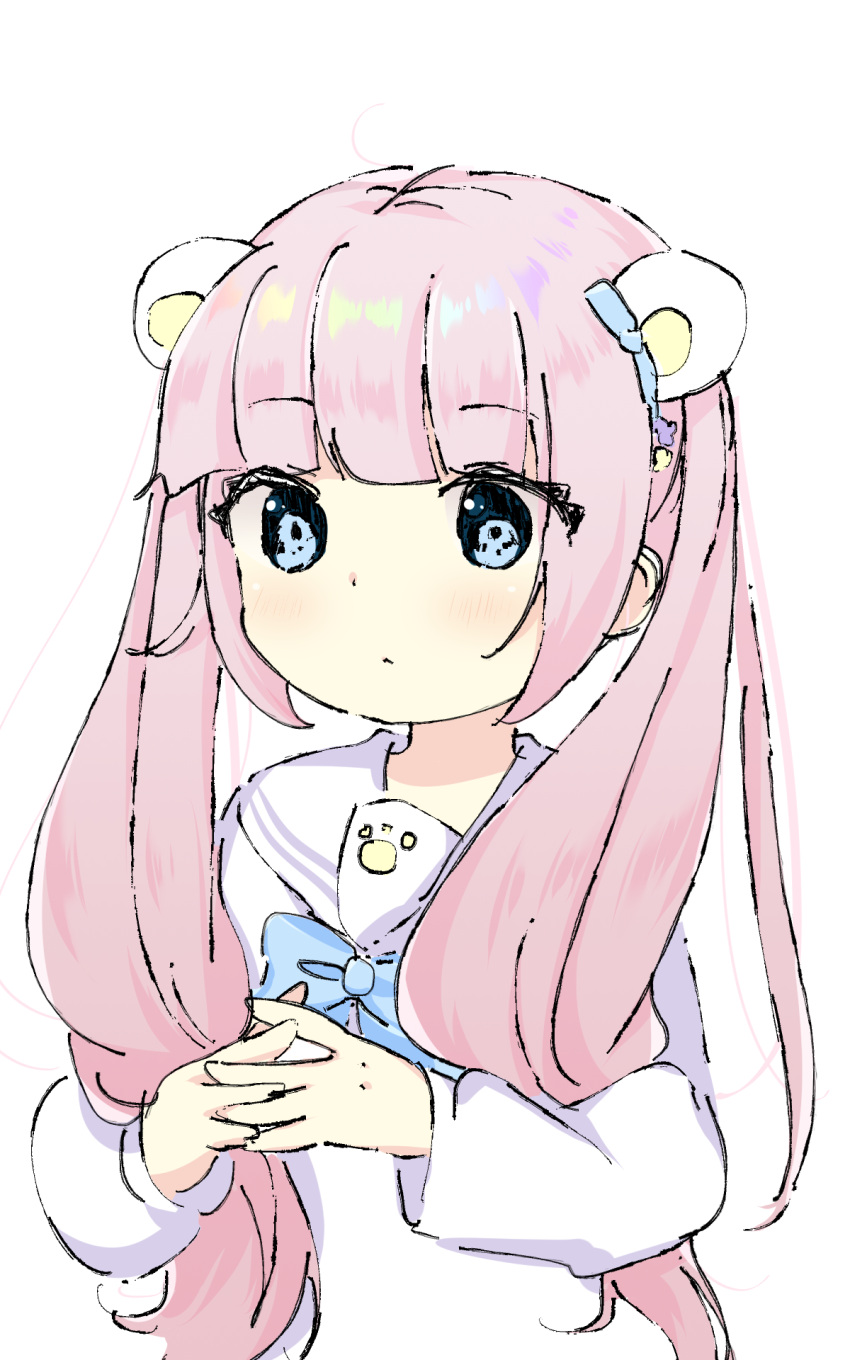 1girl, :<, animal_ears, bangs, bear_ears, blue_bow, blue_eyes, blue_neckwear, blush, bow, bowtie, closed_mouth, commentary_request, eyebrows_visible_through_hair, hair_bow, highres, kuma_no_yume, long_hair, long_sleeves, looking_away, looking_to_the_side, original, own_hands_together, pink_hair, school_uniform, serafuku, shirt, sidelocks, simple_background, solo, twintails, upper_body, very_long_hair, white_background, white_shirt
