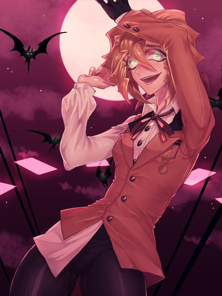 1boy, bat, bow, bowtie, card, dennis_macfield, gloves, glowing, glowing_eyes, green_eyes, highres, male_focus, moon, open_mouth, orange_hair, single_glove, solo, teeth, upper_body, yu-gi-oh!, yuu-gi-ou_arc-v