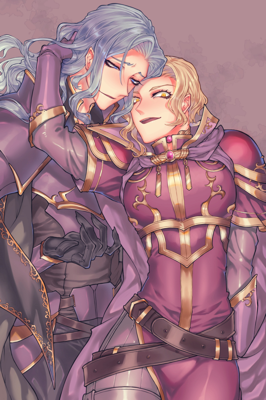 2boys, absurdres, armor, belt, blonde_hair, blue_eyes, blue_hair, cape