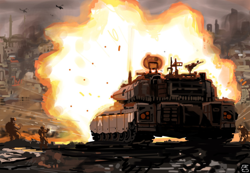 fighting_stance, ground_vehicle, hai_to_hickory, highres, military, military_vehicle, motor_vehicle, original