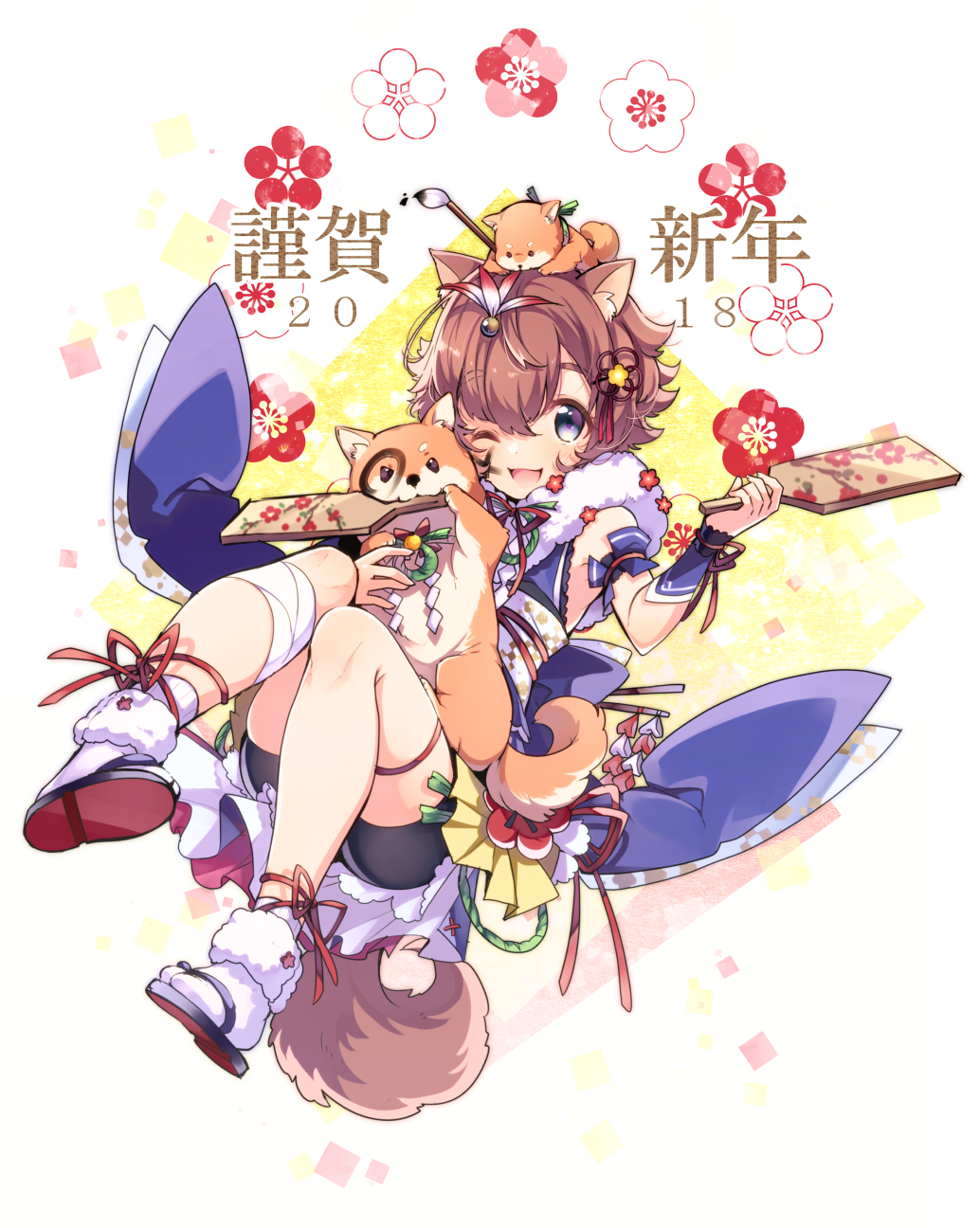 1girl, 2018, :3, :d, akeome, animal, animal_ears, animal_on_head