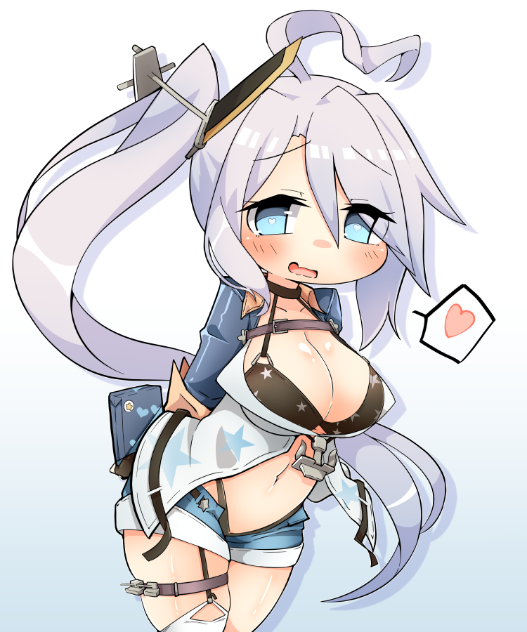 1girl, :d, ahoge, anahoriya, anchor, arms_behind_back, azur_lane, bangs, belt, belt_buckle, bikini, black_belt, black_bikini, black_choker, black_gloves, blue_eyes, blue_shorts, blush, breasts, buckle, choker, cleavage, collarbone, eyebrows, eyebrows_visible_through_hair, eyelashes, eyes_visible_through_hair, facing_away, fang, fingerless_gloves, garter_straps, gloves, gradient, gradient_background, hair_between_eyes, halterneck, headgear, heart, heart-shaped_pupils, heart_ahoge, highleg, highleg_bikini, jacket, large_breasts, long_hair, long_sleeves, looking_at_viewer, navel, open_fly, open_mouth, portland_(azur_lane), remodel_(azur_lane), short_shorts, shorts, side_ponytail, silhouette, silver_hair, single_thighhigh, skindentation, smile, solo, speech_bubble, spoken_heart, star, star_print, stomach, swimsuit, symbol-shaped_pupils, thigh-highs, thigh_strap, under_boob, very_long_hair, white_legwear