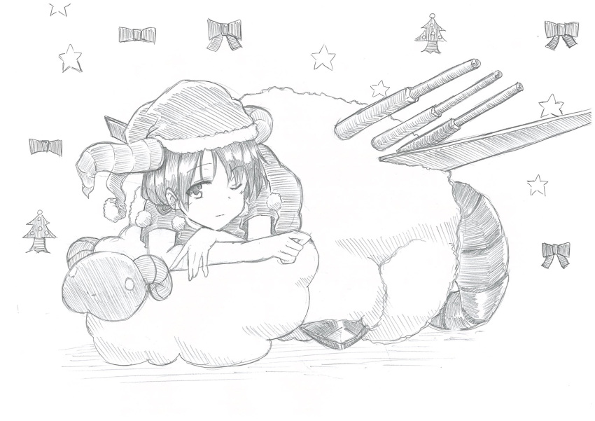 1girl, airplane_wing, antinomy_of_common_flowers, bangs, bow, christmas, christmas_tree, closed_mouth