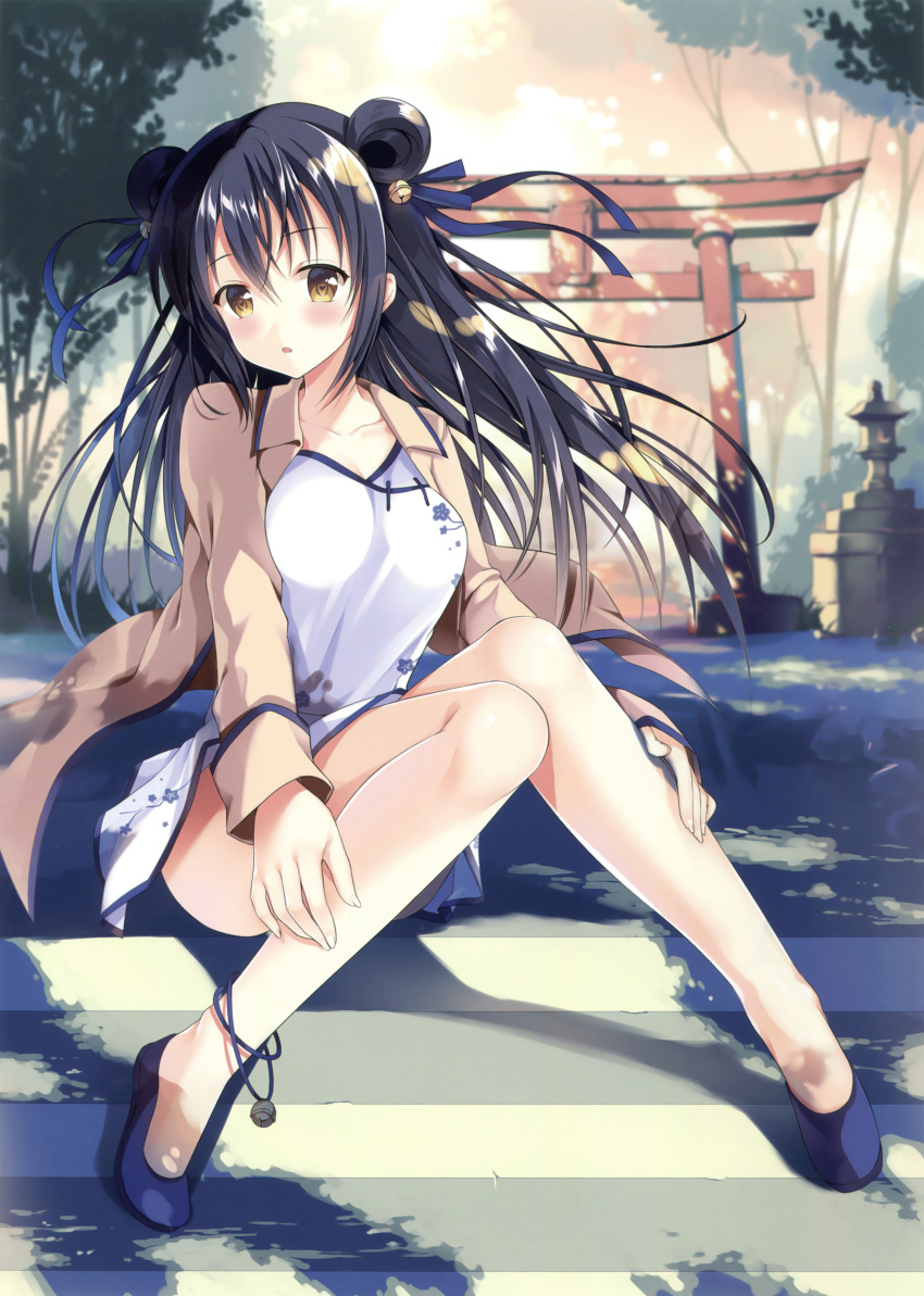 1girl, absurdres, ankle_bell, anklet, bell, black_hair, blue_footwear, blue_ribbon
