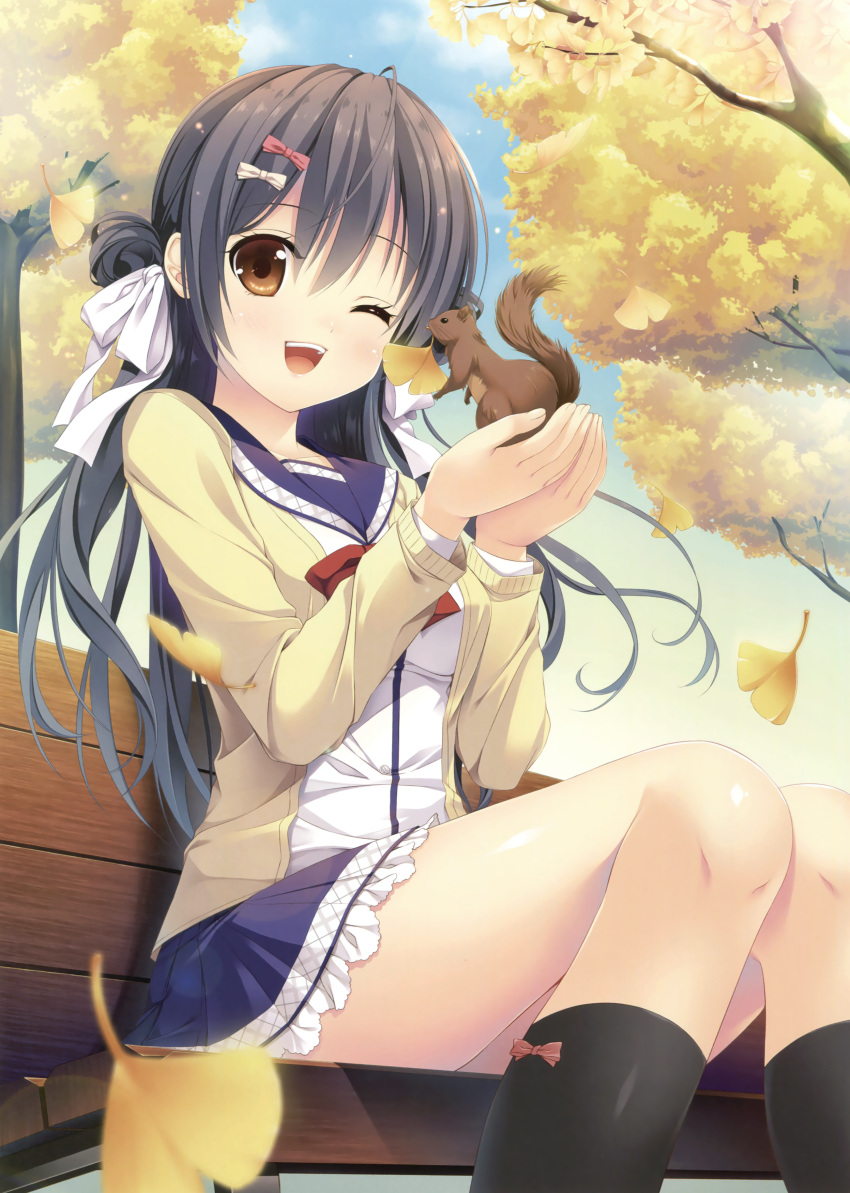 1girl, ;d, absurdres, black_hair, black_legwear, blue_skirt, brown_eyes, cardigan