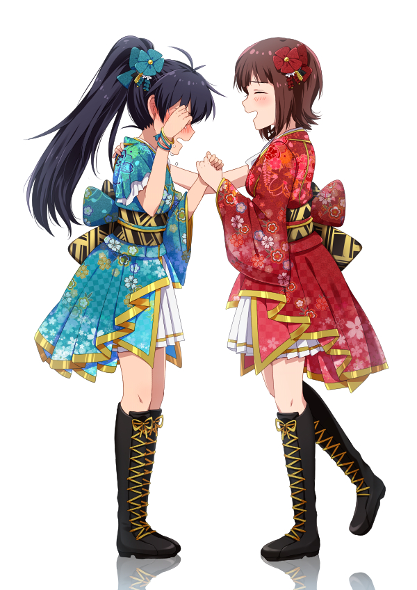 2girls, amami_haruka, antenna_hair, black_footwear, black_hair, blue_kimono, blush, boots