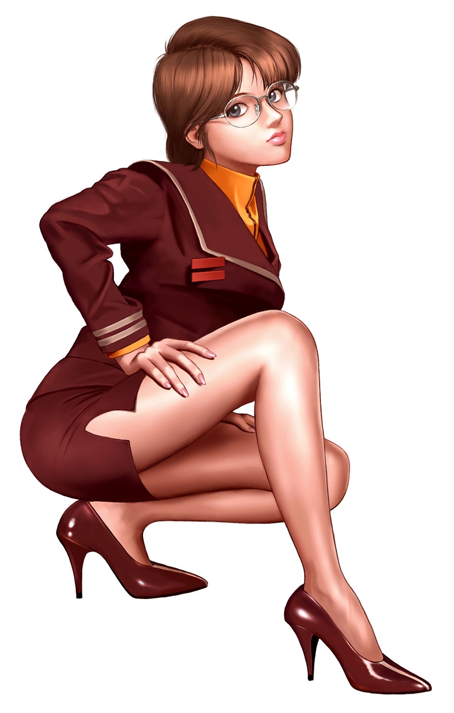 brown_hair, fingernails, glasses, high_heels, highres, legs, lips, macross