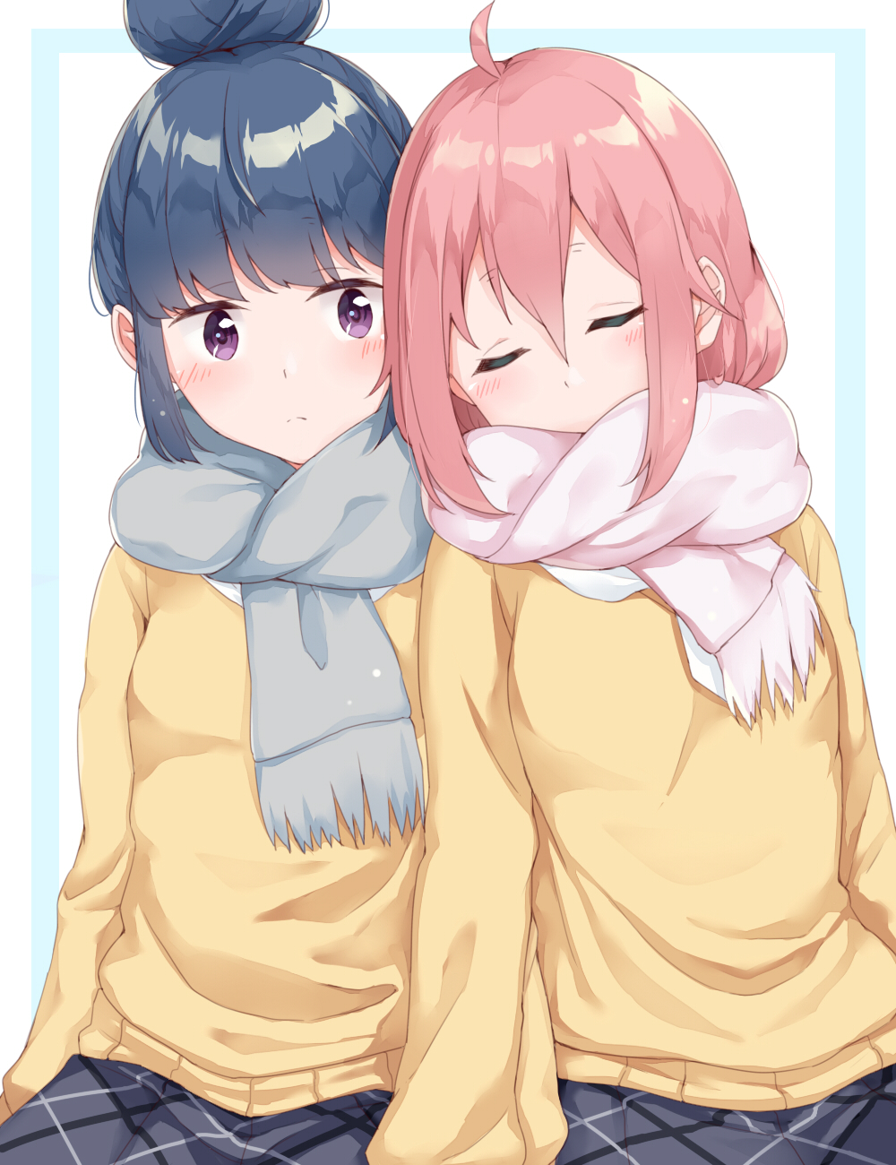 2girls, ahoge, blue_hair, blush, closed_eyes, eyebrows_visible_through_hair, hair_between_eyes, hair_bun