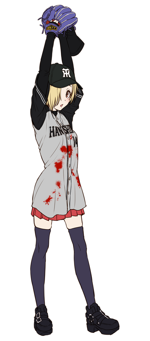 1girl, arms_up, baseball_cap, baseball_glove, baseball_jersey, belt_boots, black_footwear, black_hat