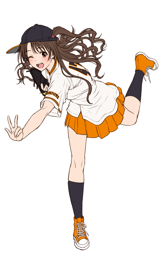 1girl, :d, black_hat, black_legwear, blush, brown_eyes, brown_hair, hat, idolmaster, idolmaster_cinderella_girls, kneehighs, left-handed, long_hair, looking_at_viewer, nigou, nippon_professional_baseball, one_eye_closed, one_side_up, open_mouth, orange_footwear, orange_skirt, pitching, pleated_skirt, shimamura_uzuki, shoes, simple_background, skirt, smile, sneakers, solo, standing, standing_on_one_leg, v, white_background, yomiuri_giants