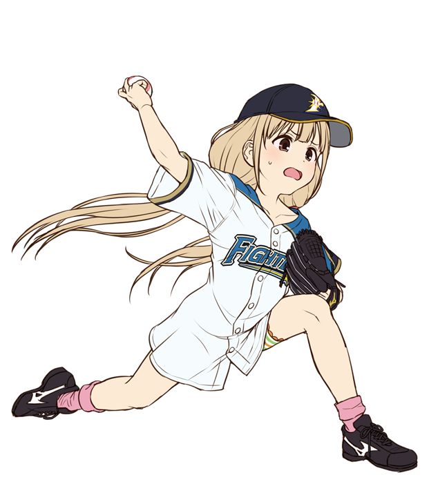 1girl, baseball, baseball_cap, baseball_glove, baseball_jersey, black_footwear, blonde_hair, cleats, full_body, futaba_anzu, hat, hokkaido_nippon-ham_fighters, idolmaster, idolmaster_cinderella_girls, long_hair, nigou, nippon_professional_baseball, pitching, shorts, solo, striped, striped_shorts, sweatdrop, very_long_hair