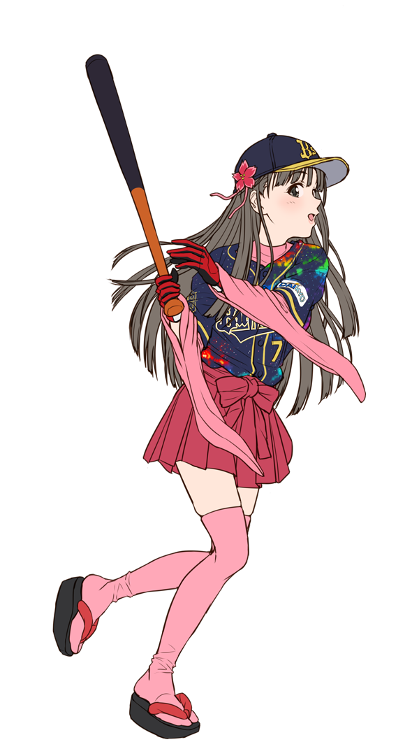 1girl, :d, bangs, baseball_bat, baseball_jersey, black_hair, blue_shirt, blush
