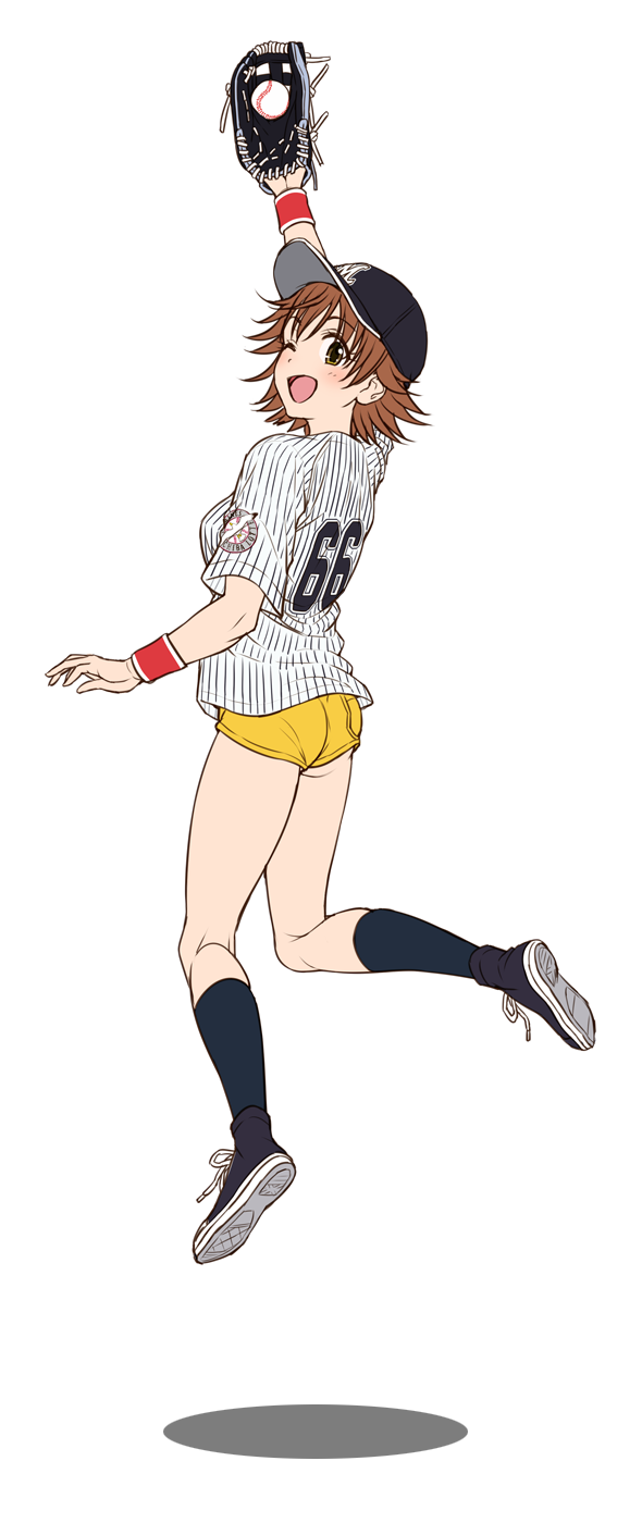 1girl, ass, baseball, baseball_glove, baseball_jersey, black_footwear, black_legwear, brown_eyes, brown_hair, catching, chiba_lotte_marines, highres, honda_mio, idolmaster, idolmaster_cinderella_girls, left-handed, looking_back, nigou, nippon_professional_baseball, one_eye_closed, pinstripe_pattern, shoes, short_hair, short_shorts, shorts, sneakers, solo, striped, wristband, yellow_shorts