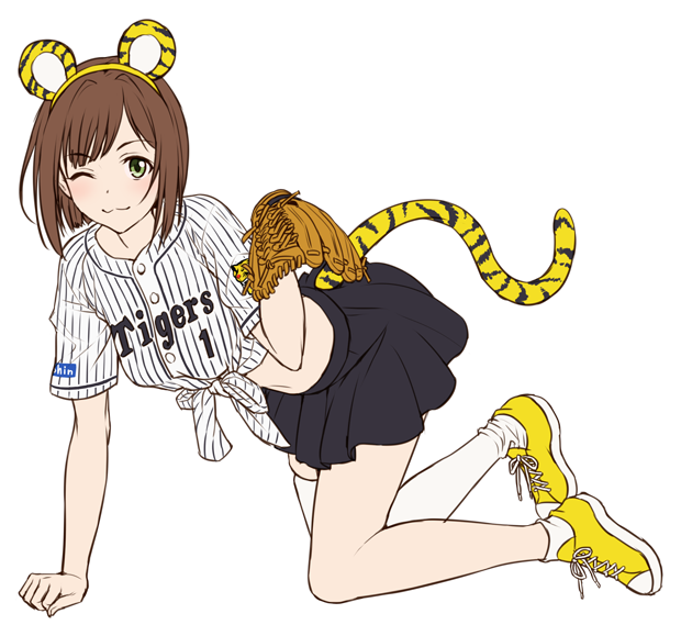 1girl, :3, all_fours, animal_ears, baseball_glove, black_skirt, blush, brown_hair