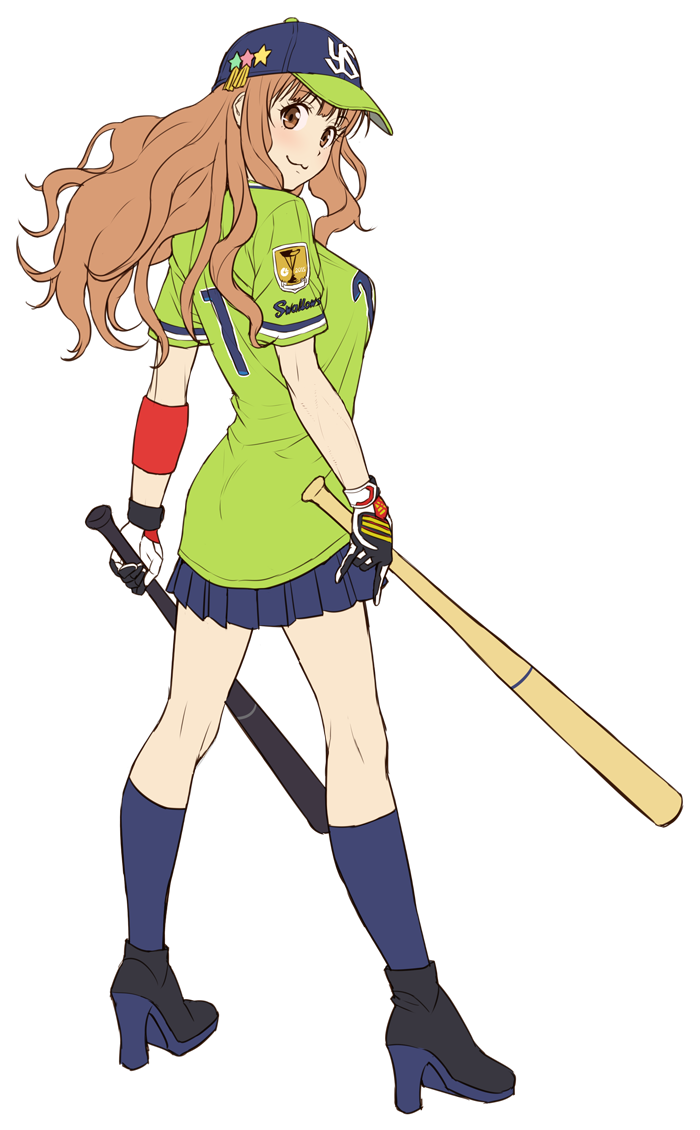 1girl, :3, baseball_bat, baseball_cap, baseball_jersey, blue_hat, blue_legwear, blue_skirt