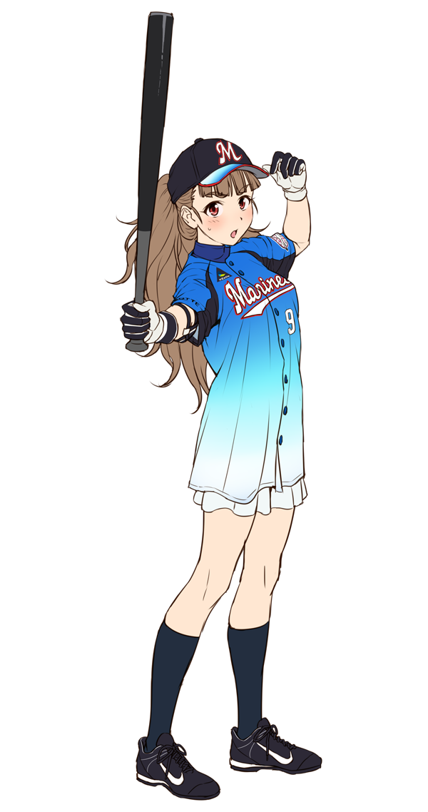 1girl, adjusting_clothes, adjusting_hat, bangs, baseball_bat, baseball_cap, black_footwear, black_legwear, blue_skirt, blunt_bangs, blush, brown_hair, chiba_lotte_marines, full_body, gloves, hat, holding_baseball_bat, idolmaster, idolmaster_cinderella_girls, kamiya_nao, kneehighs, long_hair, looking_at_viewer, nigou, nike, nippon_professional_baseball, open_mouth, ponytail, red_eyes, short_sleeves, simple_background, skirt, solo, white_background