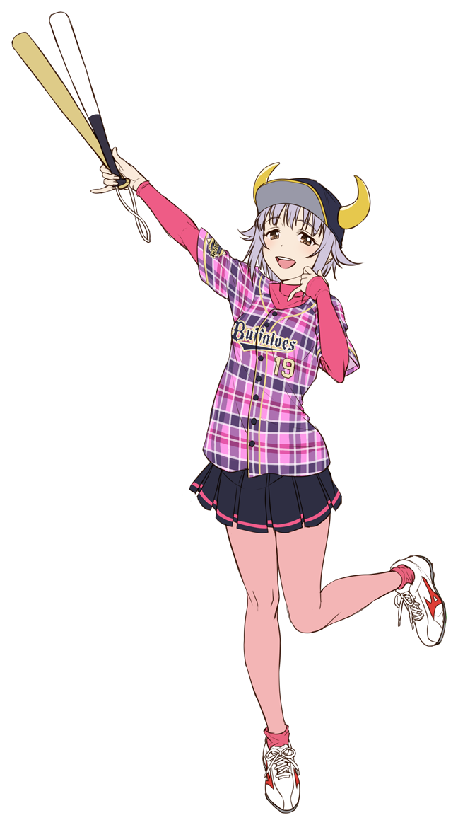 1girl, :d, arm_up, baseball_bat, baseball_cap, black_skirt, brown_eyes, cleats
