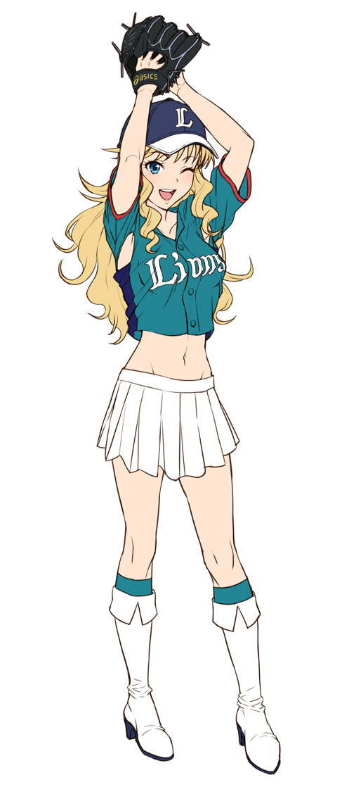 1girl, :d, aqua_legwear, armpits, arms_up, baseball_cap, baseball_glove, baseball_jersey