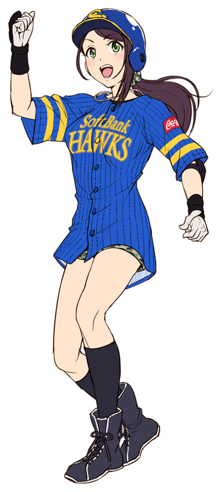 1girl, :d, baseball_helmet, baseball_jersey, black_footwear, black_hair, black_legwear, blue_shirt
