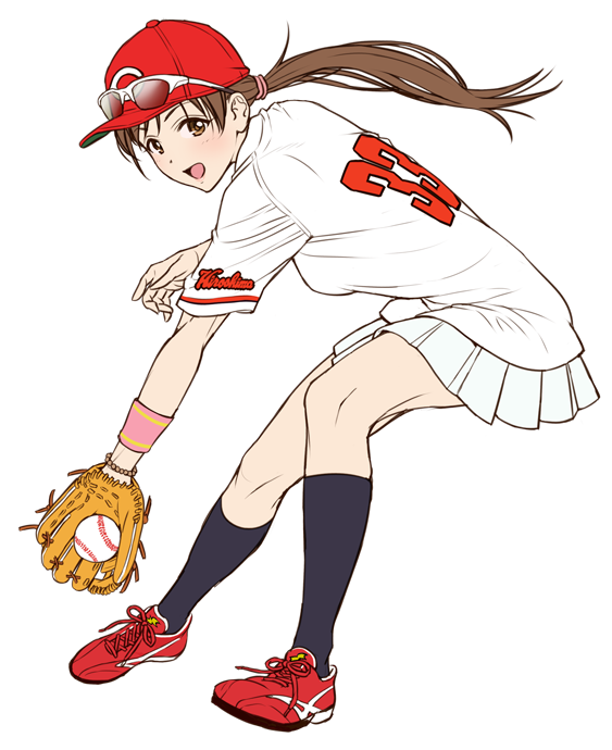 1girl, :d, baseball, baseball_cap, baseball_glove, baseball_jersey, black_legwear, bracelet, breasts, brown_eyes, brown_hair, eyewear_on_headwear, fielding, hat, hiroshima_touyou_carp, idolmaster, idolmaster_cinderella_girls, jewelry, kneehighs, long_hair, looking_at_viewer, low_ponytail, medium_breasts, nigou, nippon_professional_baseball, nitta_minami, open_mouth, pleated_skirt, red_footwear, shirt, simple_background, skirt, smile, solo, sunglasses, white_background, white_shirt, wristband