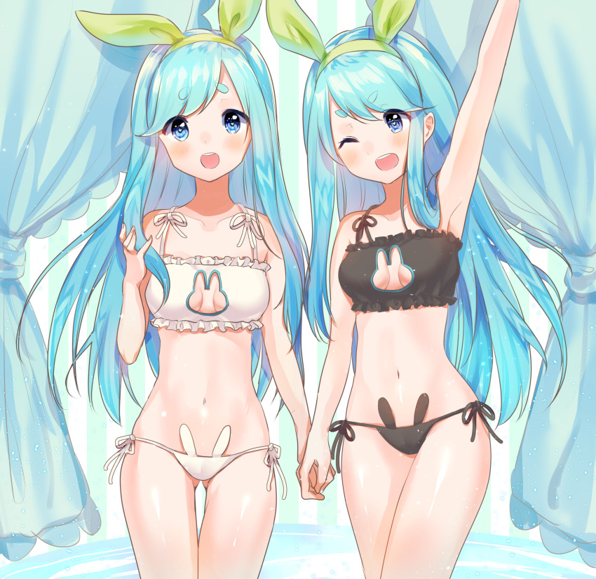 2girls, :d, arm_up, armpits, ass, bangs, black_bra, black_panties, blue_eyes, blue_hair, blush, bra, breasts, breasts_apart, bunny_lingerie, collarbone, cona_kinaco, cowboy_shot, curtains, eyebrows_visible_through_hair, frilled_bra, frills, green_ribbon, hair_ribbon, hand_holding, hand_in_hair, head_tilt, highres, long_hair, looking_at_viewer, medium_breasts, multiple_girls, navel, near_(sound_voltex), noah_(sound_voltex), open_mouth, panties, ribbon, side-tie_panties, smile, sound_voltex, swept_bangs, thick_lips, thigh_gap, underwear, underwear_only, v-shaped_eyebrows, very_long_hair, white_bra, white_panties