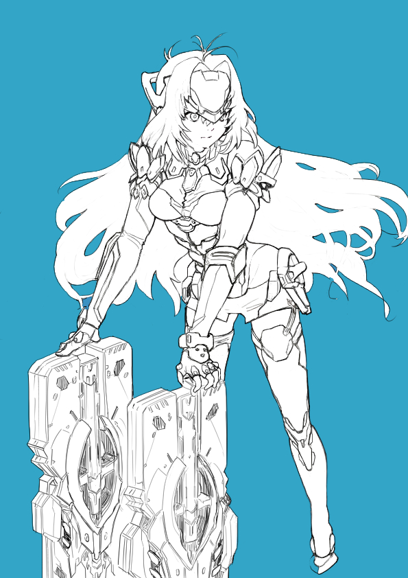 1girl, android, bare_shoulders, breasts, elbow_gloves, expressionless, forehead_protector, gloves